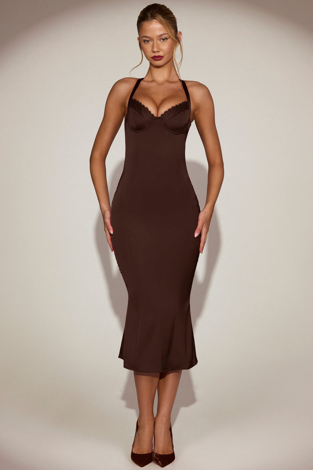 Satin Sweetheart Bustier Fishtail Midaxi Dress in Chocolate Brown