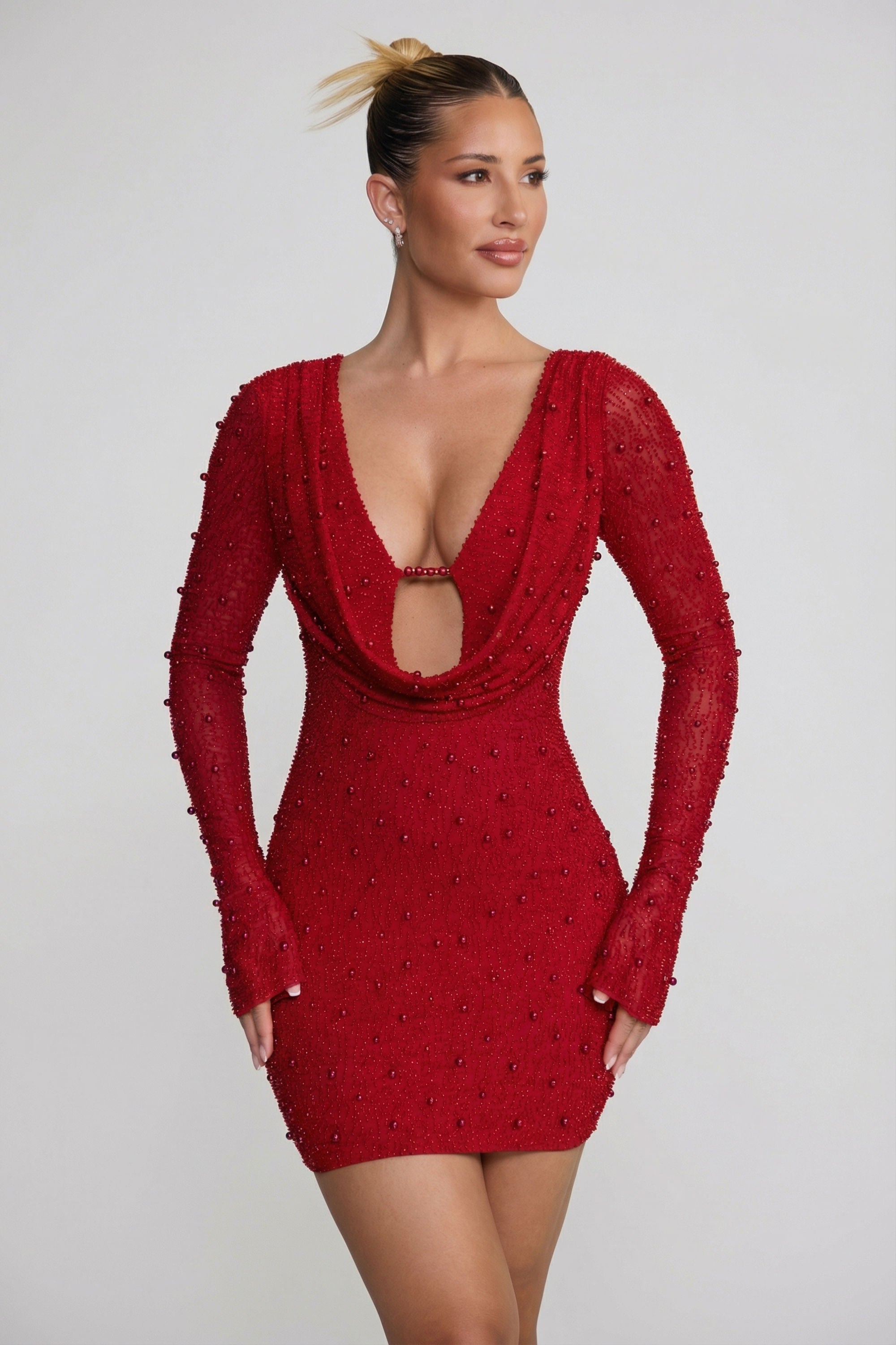 Long Sleeve Deep Plunge Mini Dress in Red