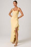 Embellished Ruffle-Trim Corset Gown in Yellow