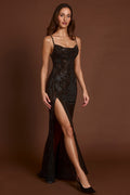 Embellished Peekaboo Cowl-Neck Dress in Brown Snake