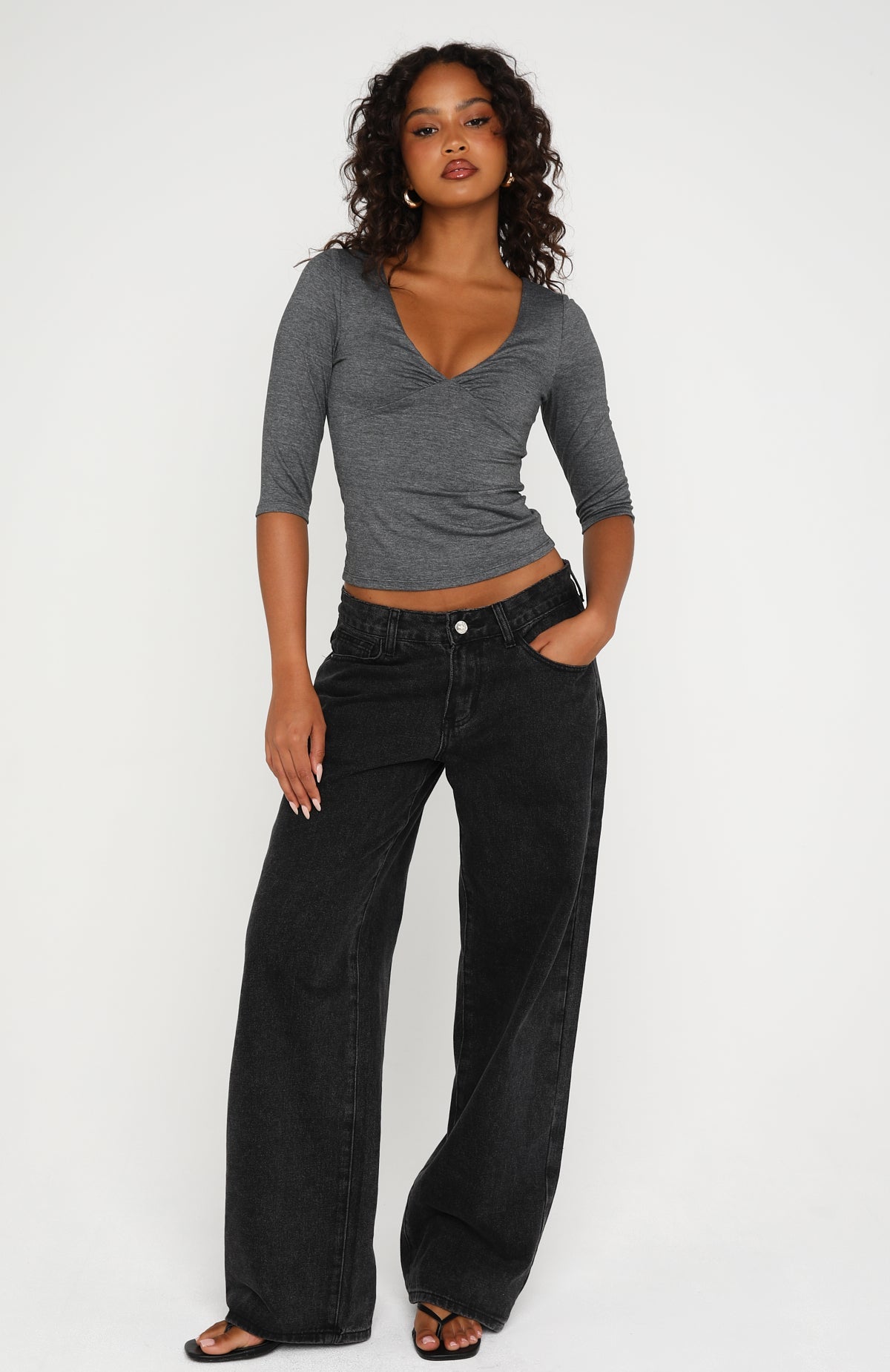 Little Bit Of Everything 3/4 Sleeve V Neck Top Charcoal Marle